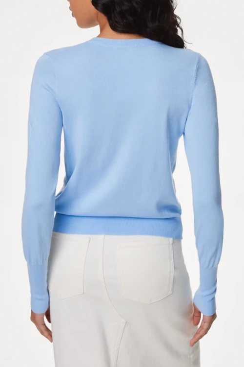 M&amp;S-jasnoniebieski-sweter-kardigan-brazowy-guzik-modelka-tyl.webp