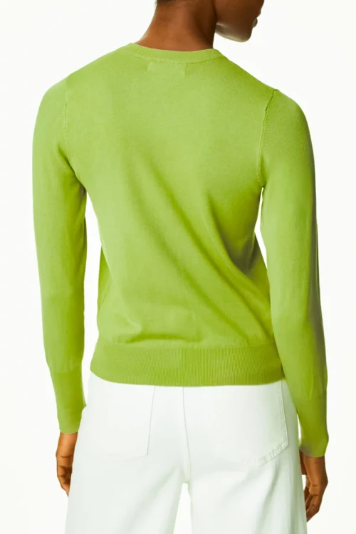 M&S-limonkowy-sweter-kardigan-brazowy-guzik-modelka-tyl.webp