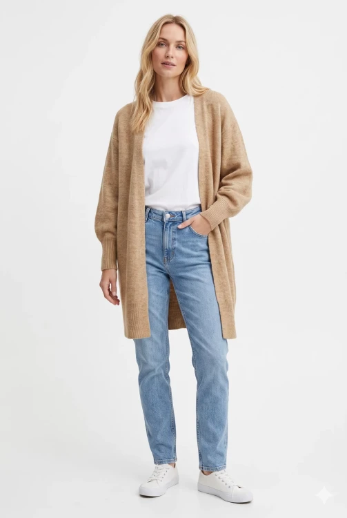 H&M-jasna-kamelowa-niezapinana-narzuta-modelka.webp