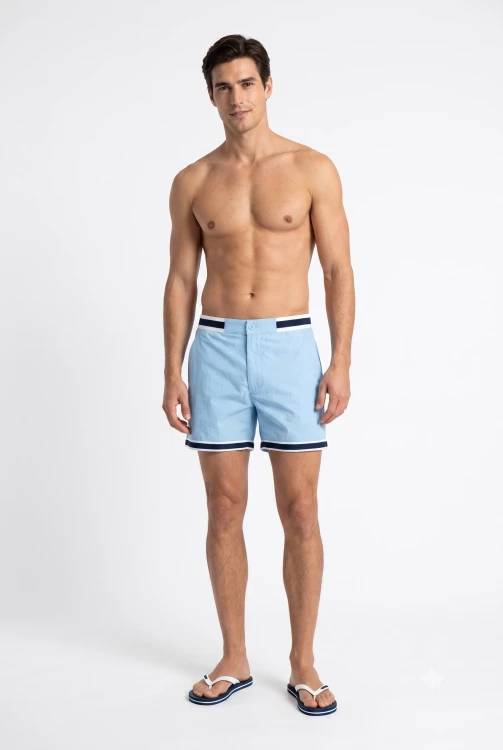 Boohoo-meskie-spodenki-blekitne-kapielowe-plazowe-model-przod.webp